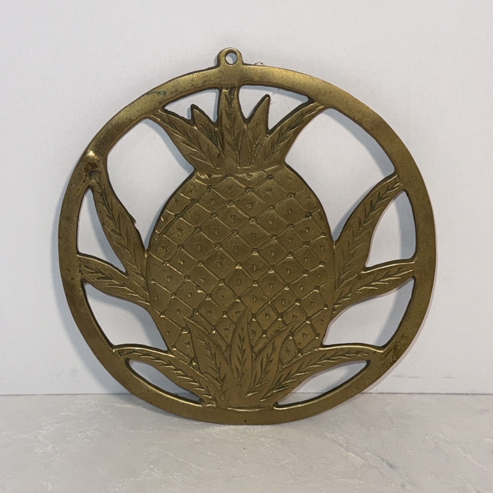 Vintage Taiwan Solid Brass Pineapple Trivet 7.5" + 7" Butterfly Trinket